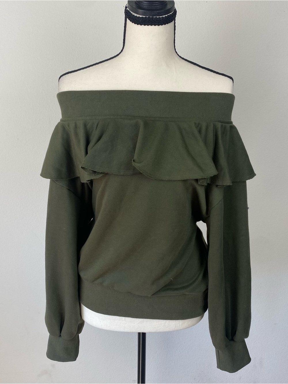 Off-Shoulder Ruffle Sweater - Olive Green